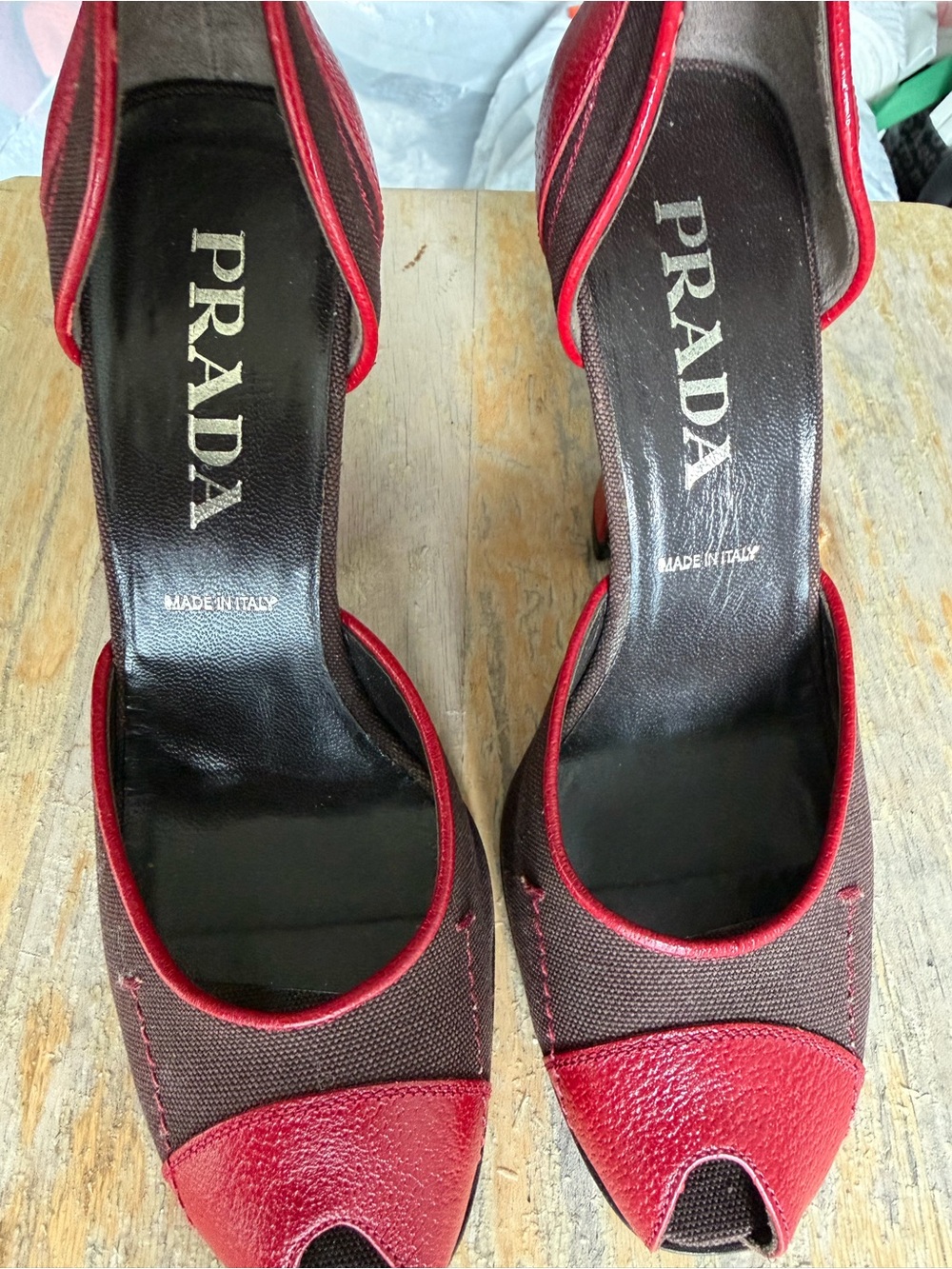 Prada Red and Brown Peep-Toe Leather-Trim Heels